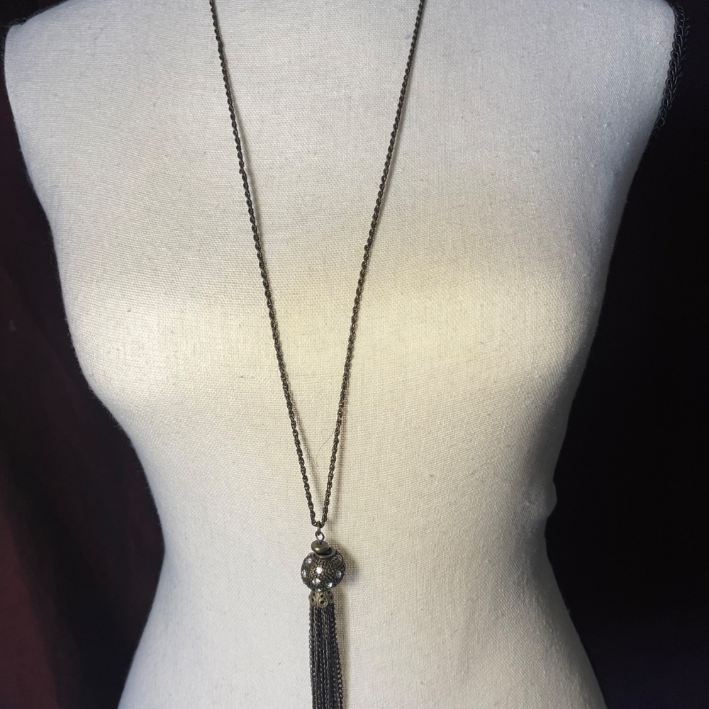 Long Bronze Chain Necklace With Rhinestone Tassel